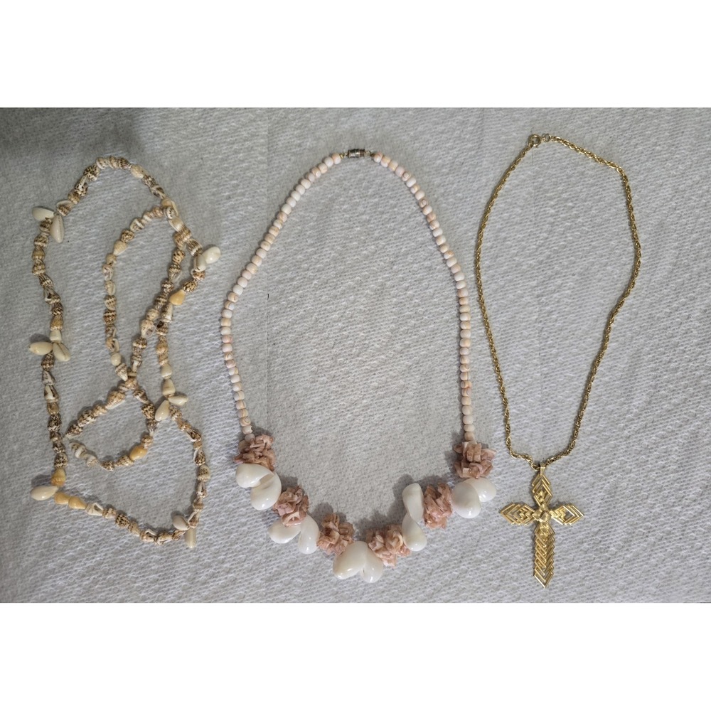 Vintage Handmade Sea Shell Jewelry, Detailed Religious Cross Necklace Lot Of 3